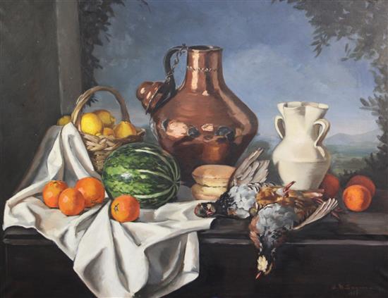 J.M. Saguna Still life of partridges, vegetables and fruit, a landscape beyond 86 x 114cm